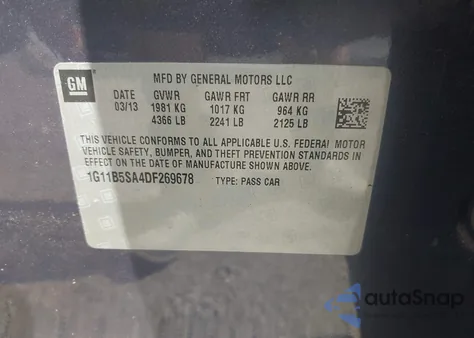 2013 Chevrolet Malibu 1Ls из США, поврежденный, VIN 1G11B5SA4DF269678